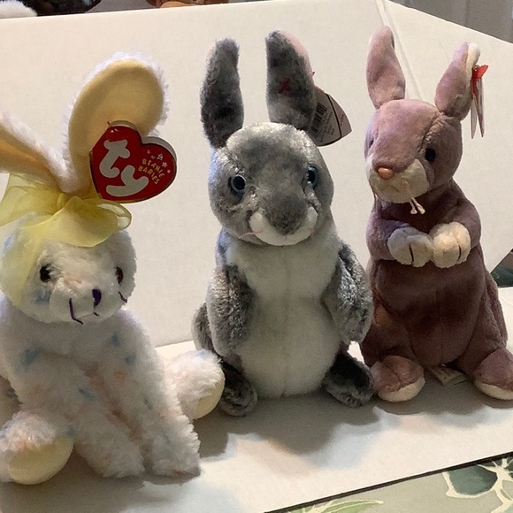 Ty Other - Trio of BUNNY BEANIE BABIES. All in standing position.